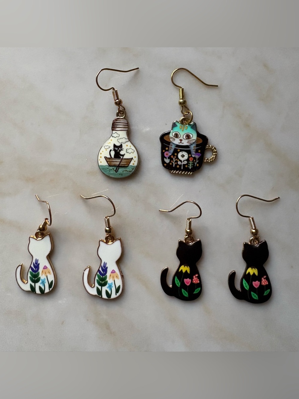 Cute Cat Enamel Earrings Set in Black, White, Teal